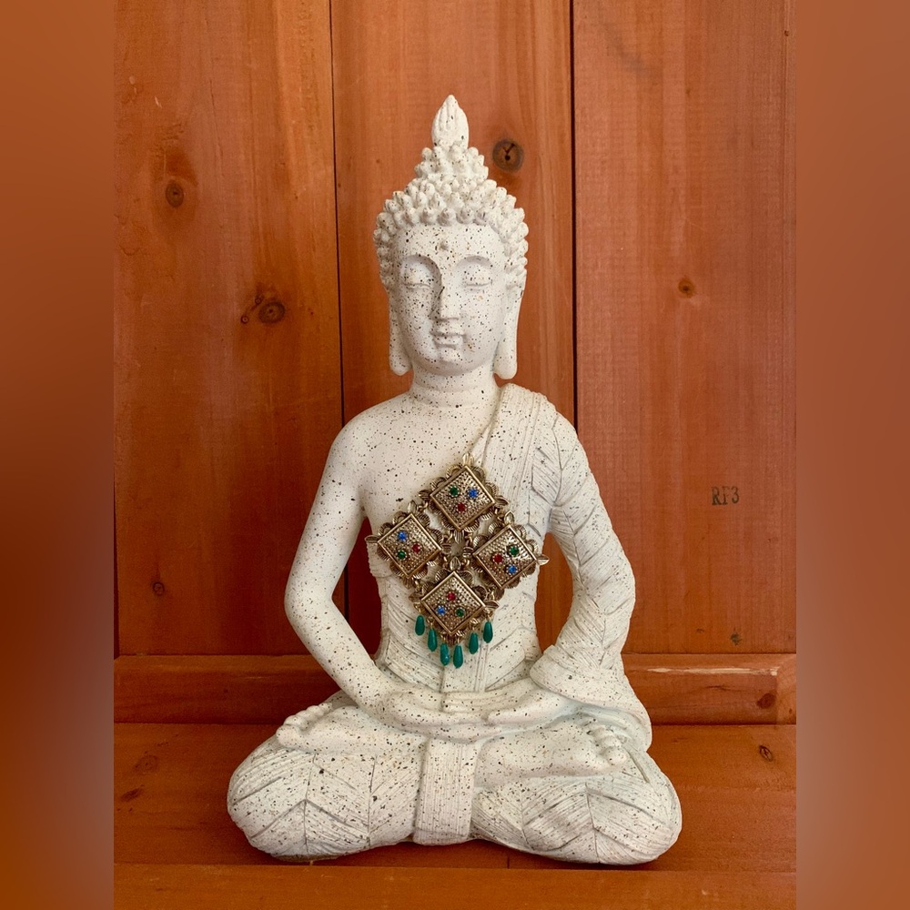 Tall 6”x12” Buddha Statue with Antique-Style Encrusted Gemstones Top